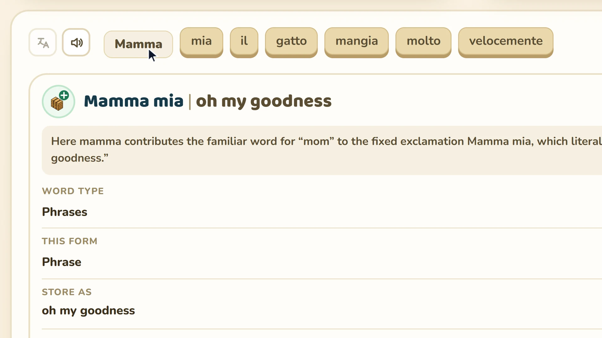 A sentence in WordTrunk with one new phrase tapped, and a card explaining what it means in this sentence.